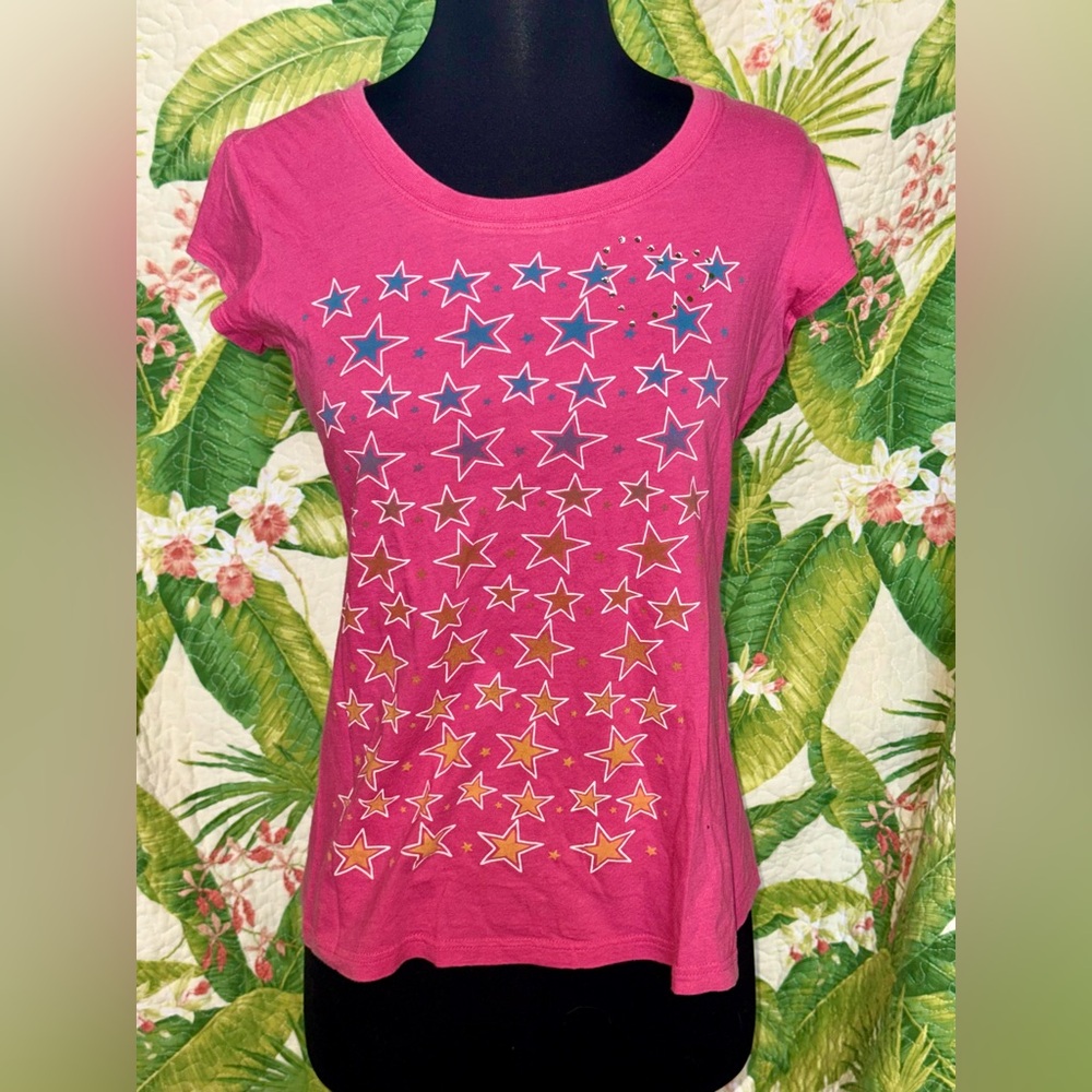 Self Esteem Pink Starburst Short Sleeve Top with Crystal Heart